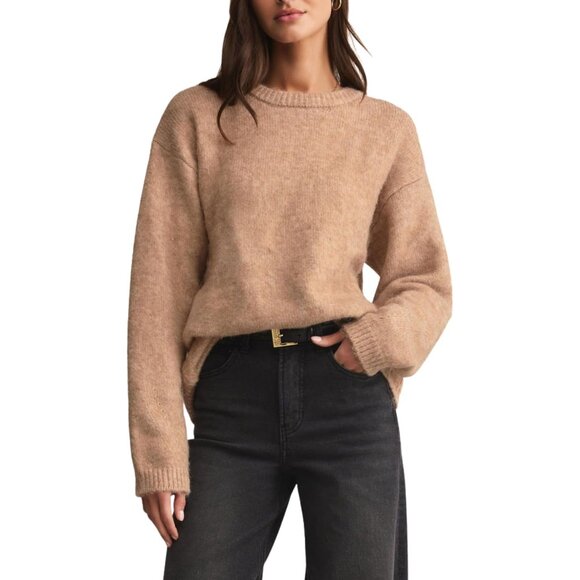 Sweaters - Women's Khaki Oversized Fuzzy Knit Sweater - Cozy Casual Layering Pullover